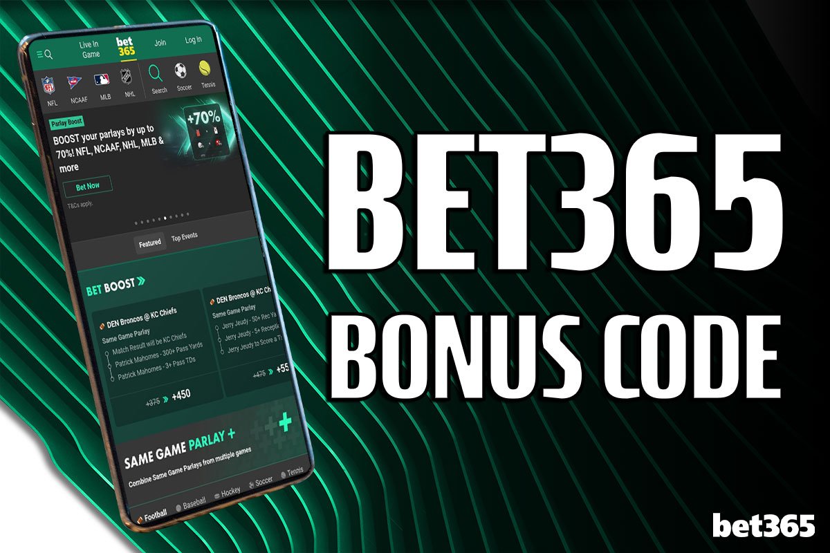 Bet365 bonus offer promotional banner with mobile sportsbook interface